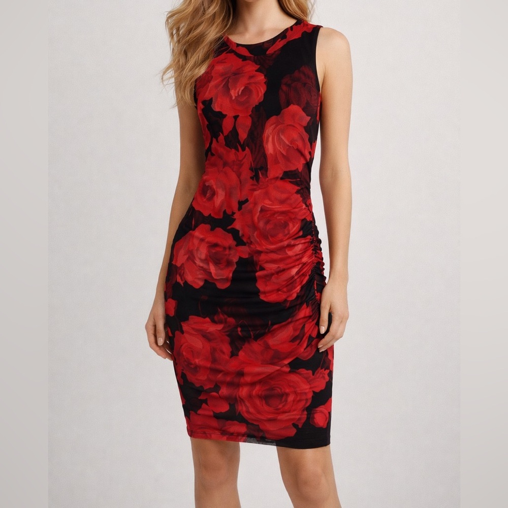 Free Press Red Rose Print Ruched Bodycon Dress Size S